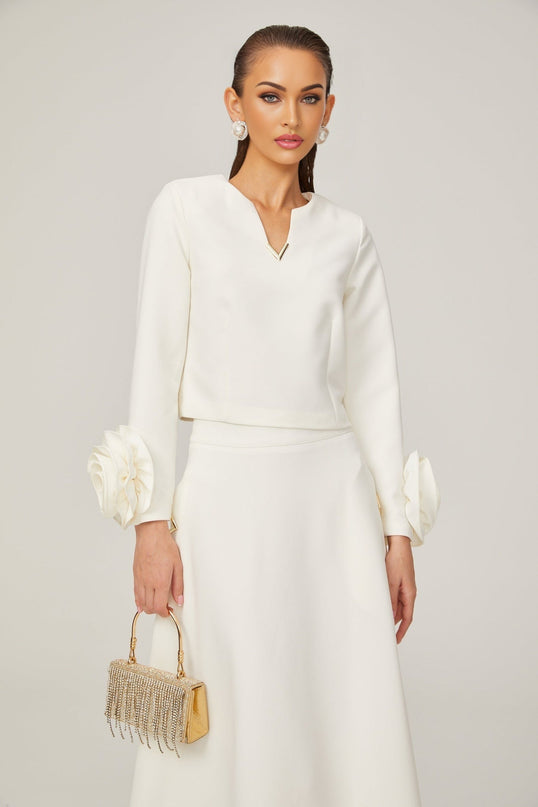 Alina White 3D Petal Embellished Skirt Top Set