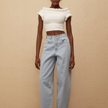Alix Light Blue Denim Wide Leg Jeans 100% Cotton Lace-Up Detailing Five Pockets Belt Loops Front Button Zip-Fly Fastening Long-Length Fashion Comfort Chic