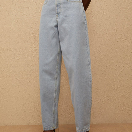 Alix Light Blue Denim Wide Leg Jeans in Blue 100% Cotton with Lace-Up Detailing and Five Pockets