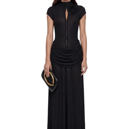 Aliya Black Ruched Maxi Dress with 3D Petals