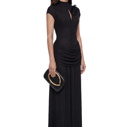 Aliya Black Ruched Maxi Dress with 3D Petals