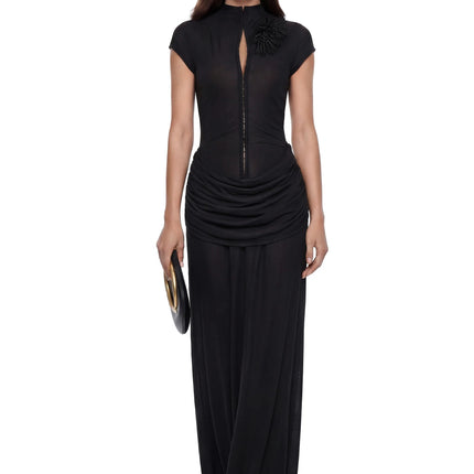 Aliya Black Ruched Maxi Dress with 3D Petals