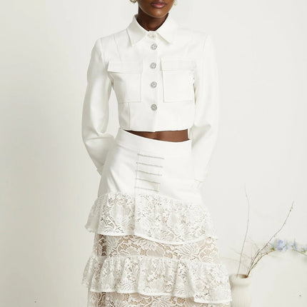 Aliyah White Lace Panel Jacket and Skirt Set
