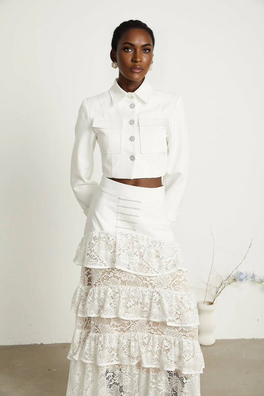 Aliyah White Lace Panel Jacket and Skirt Set