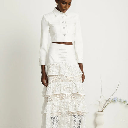 Aliyah White Lace Panel Jacket and Skirt Set