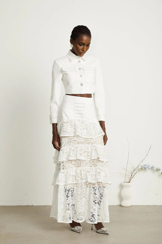 Aliyah White Lace Panel Jacket and Skirt Set