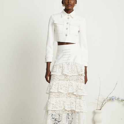 Aliyah White Lace Panel Jacket Skirt Set