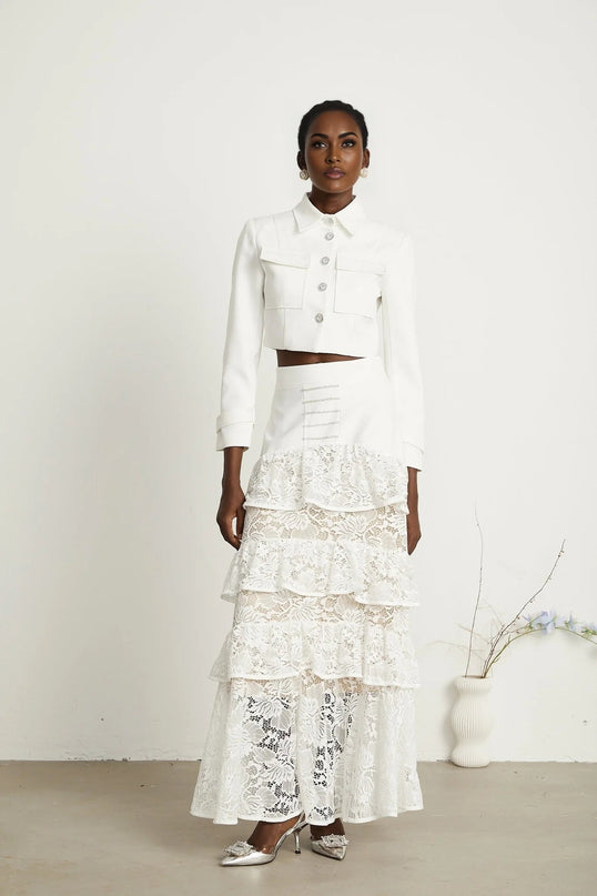 Aliyah White Lace Panel Jacket Skirt Set