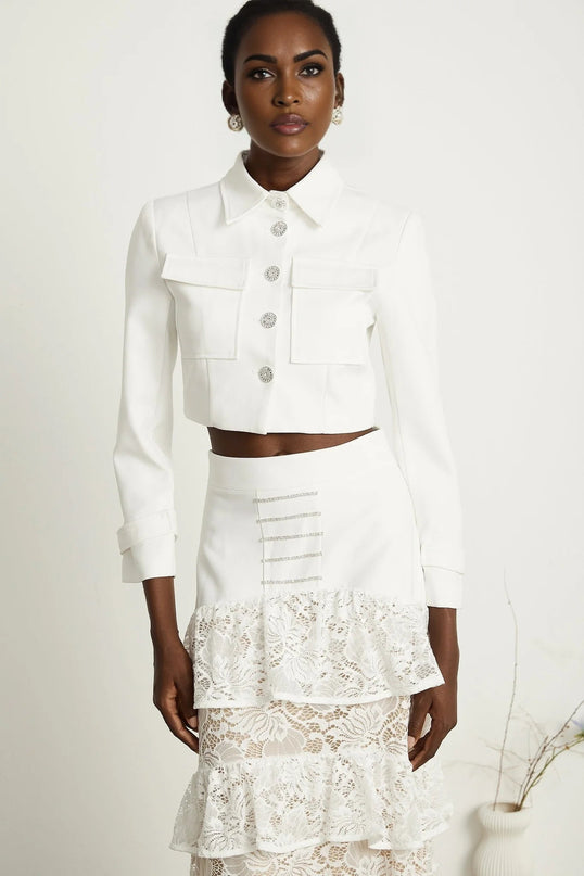 Aliyah White Lace Panel Jacket Skirt Set