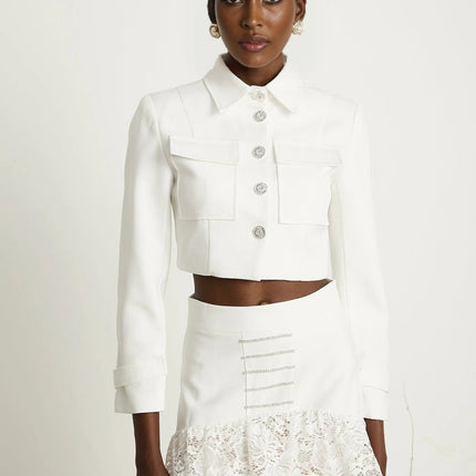 Aliyah White Lace Panel Jacket Skirt Set
