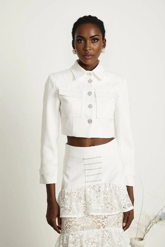 Aliyah White Lace Panel Jacket Skirt Set