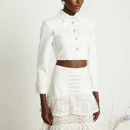 Aliyah White Lace Panel Jacket Skirt Set