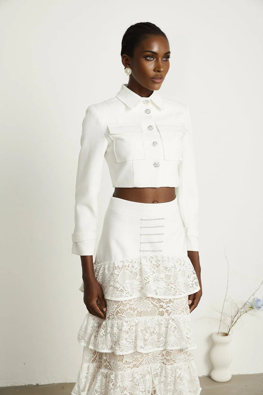 Aliyah White Lace Panel Jacket Skirt Set
