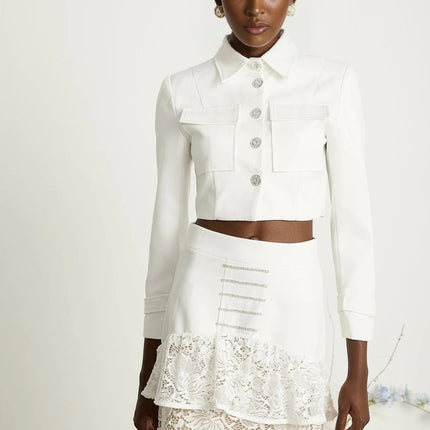 Aliyah White Lace Panel Jacket Skirt Set