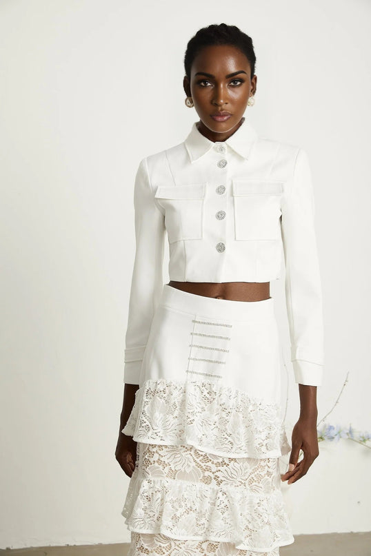 Aliyah White Lace Panel Jacket Skirt Set
