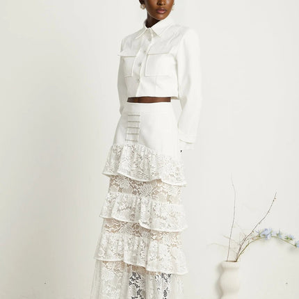 Aliyah White Lace Panel Jacket Skirt Set