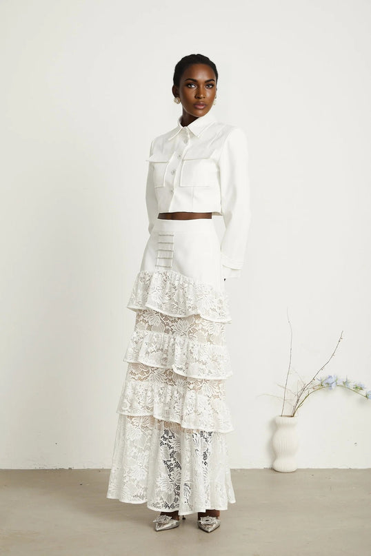Aliyah White Lace Panel Jacket Skirt Set