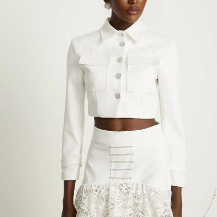 Aliyah White Lace Panel Jacket Skirt Set