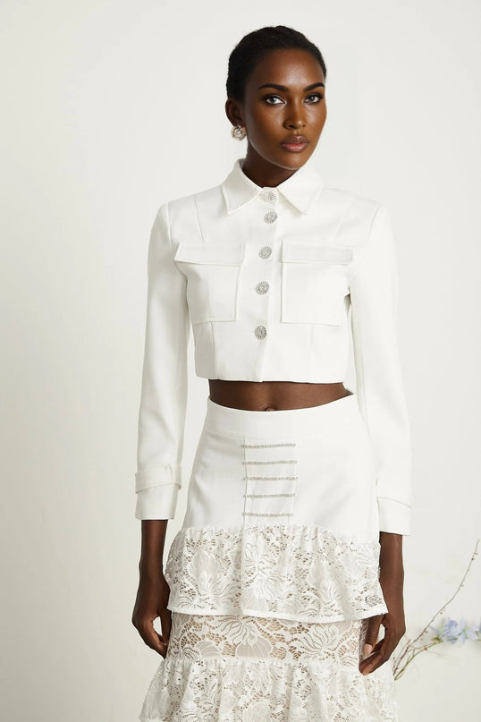 Aliyah White Lace Panel Jacket Skirt Set
