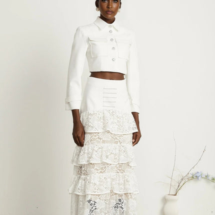 Aliyah White Lace Panel Jacket Skirt Set