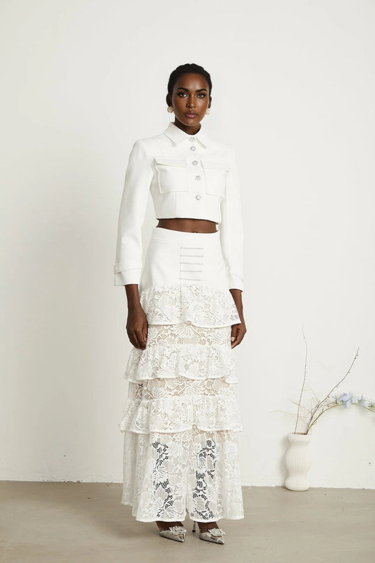 Aliyah White Lace Panel Jacket Skirt Set