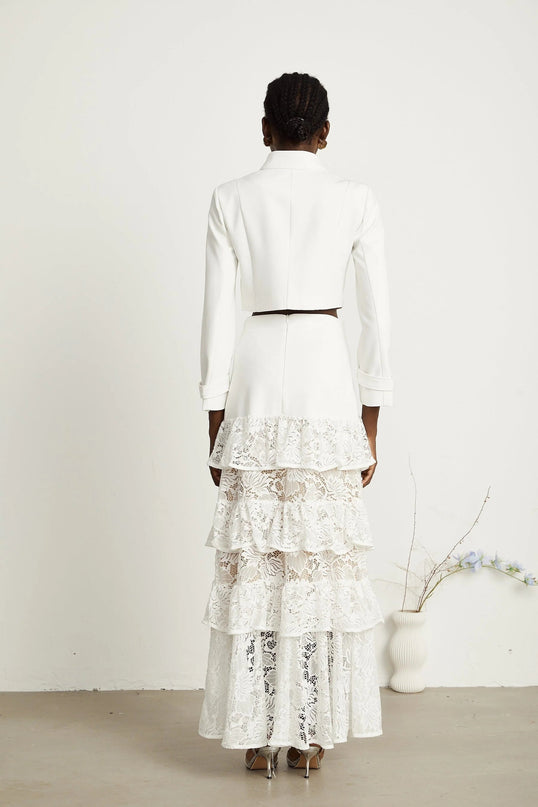 Aliyah White Lace Panel Jacket Skirt Set