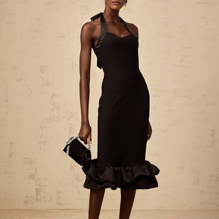 Alizee black halterneck dress with bubble hem falling to midi length