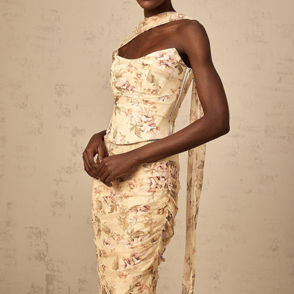 Alizee yellow floral print matching fitted top and skirt set on white background