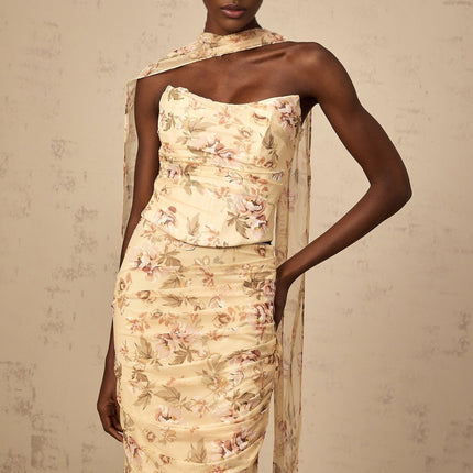 Alizee yellow floral print matching top and skirt set on white background