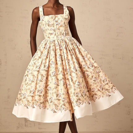 Alizee yellow midi dress with floral print and button details