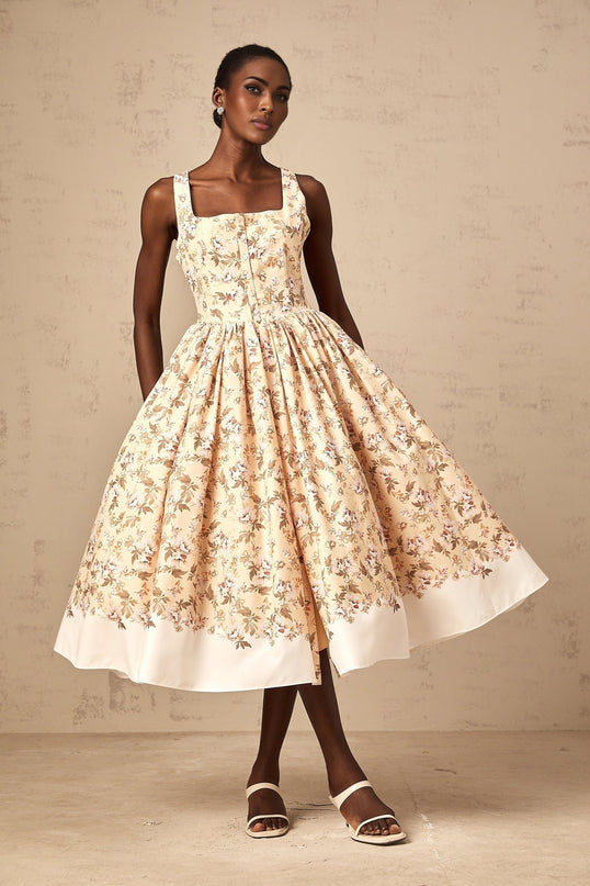 Alizee yellow midi dress with floral print and button details