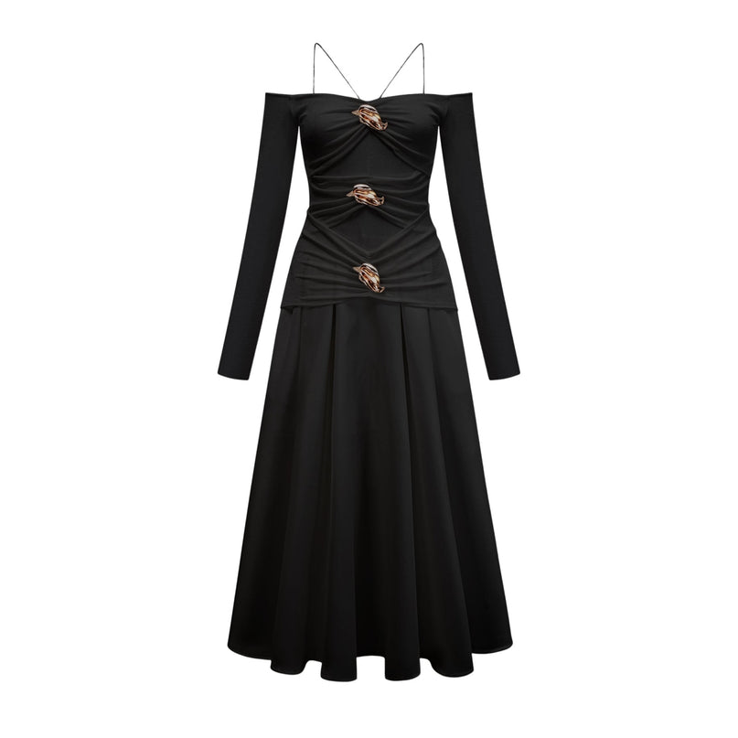 Allegra Black Maxi Dress with Off-Shoulder Silhouette and Gold-Tone Hardware