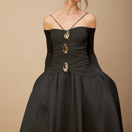 Allegra Black Maxi Dress with Spaghetti Straps and Gold-Tone Hardware