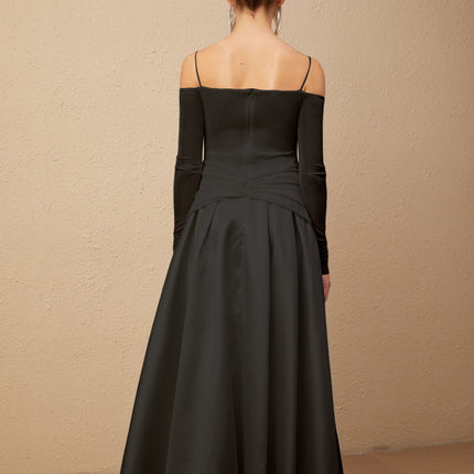 Allegra Black Maxi Dress with Off-Shoulder Silhouette and Gold-Tone Hardware