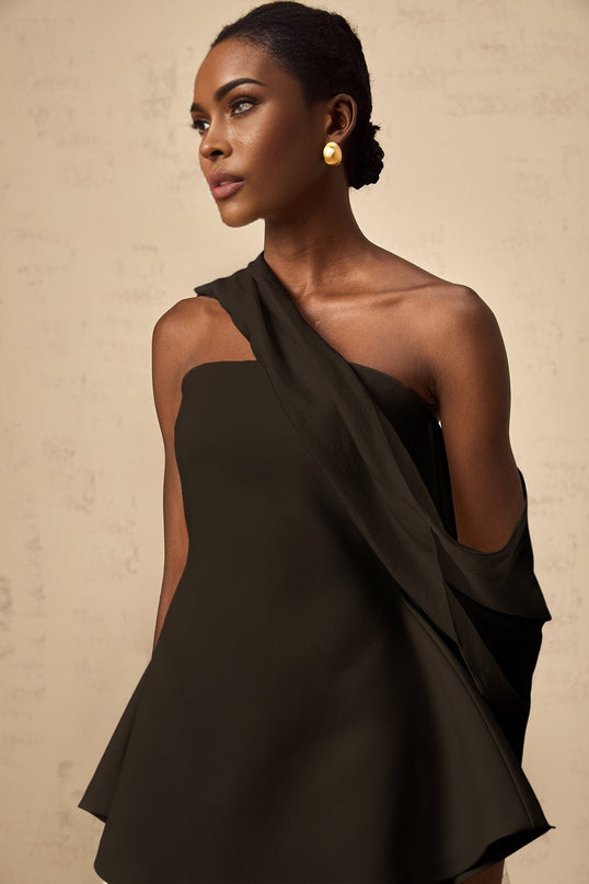 Allegra Black Mini Dress with Ribbon Detail and Flared Skirt