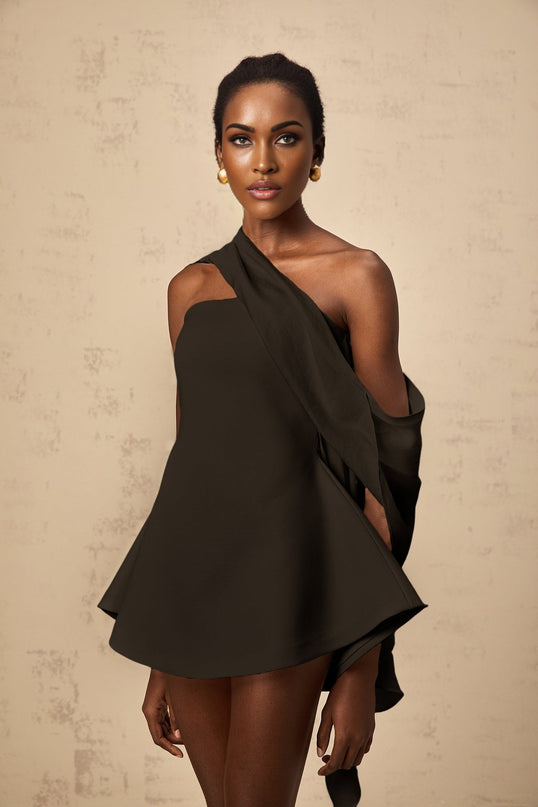 Allegra Black Mini Dress with Ribbon Detail and Cinched Waist