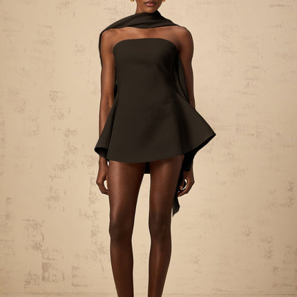 Allegra Black Mini Dress with Off-Shoulder Ribbon Detail and Cinched Waist