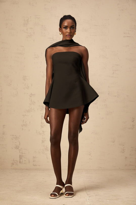 Allegra Black Mini Dress with Off-Shoulder Ribbon Detail and Cinched Waist