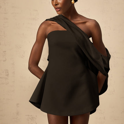 Allegra Black Mini Dress with Off-Shoulder Allure and Ribbon Detail