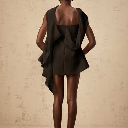 Allegra Black Mini Dress with Ribbon Detail and Cinched Waist