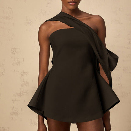 Allegra Black Mini Dress with Off-Shoulder Ribbon Detail and Flared Skirt