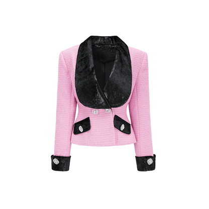 Pink jacket with vshaped collar front button closures and fitted waist design featuring fulllength sleeves and notched lapel