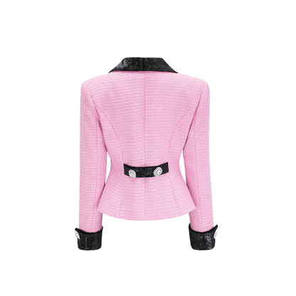 Pink jacket with Vshaped collar front button closures and fitted waist design