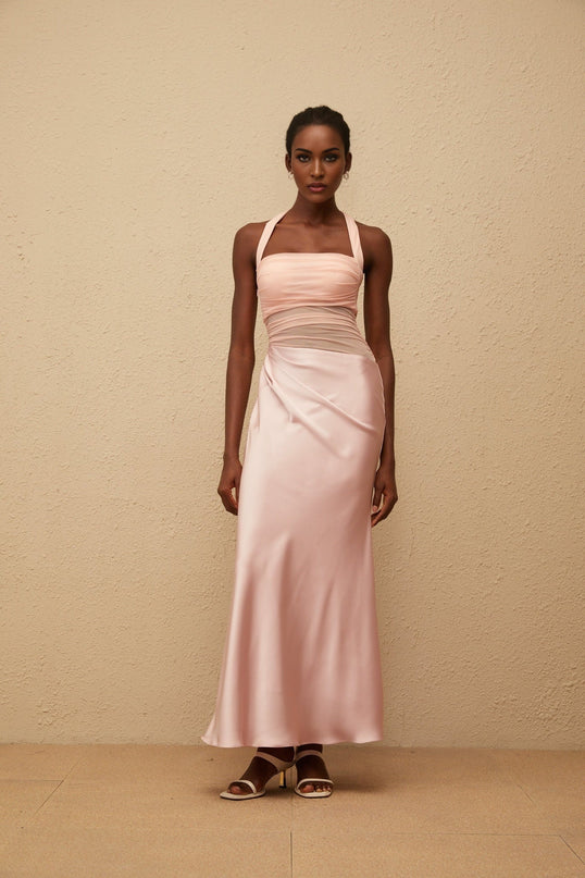 Allison Maxi Dress Pink Halterneck Sleeveless Mesh Ruched Flared Hem Side Zip Fitted Waistline Built-in Cups Terylene Fiber Elegant Occasions
