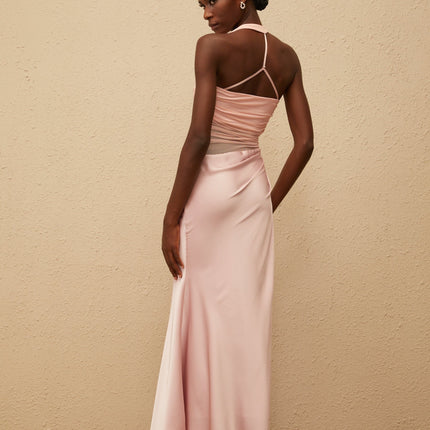 Allison Maxi Dress Pink Halterneck Mesh Ruched Flared Hem Side Zip Terylene Fiber