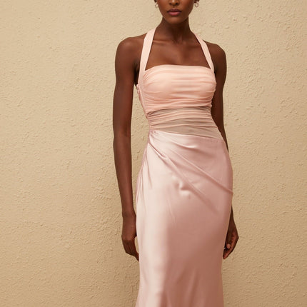Allison Pink Maxi Dress Halterneck Sleeveless Mesh Paneling Ruched Detailing Flared Hem Side Zip Fastening Fitted Waistline Built-in Cups Bra 100% Terylene Fiber Elegant Occasion