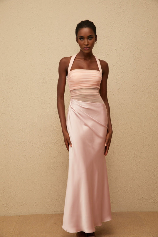 Allison Pink Maxi Dress with Halterneck Design and Mesh Paneling