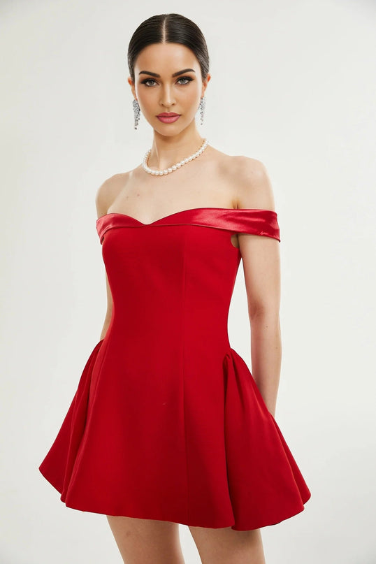 Allison Red Strapless Mini Dress Polyester Spandex Elegant Chic Sophisticated Flared Skirt Thigh Length Rear Zip Fastening Fitted Waistline Graceful Movement Luxurious Blend Modern Glamour Statement Occasion