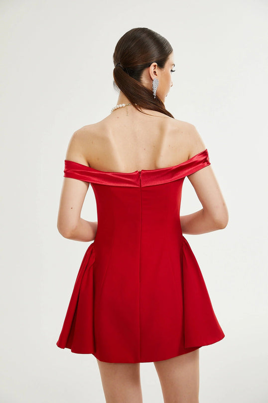 Allison Red Strapless Mini Dress Polyester Spandex Elegant Chic Sophisticated Flared Skirt