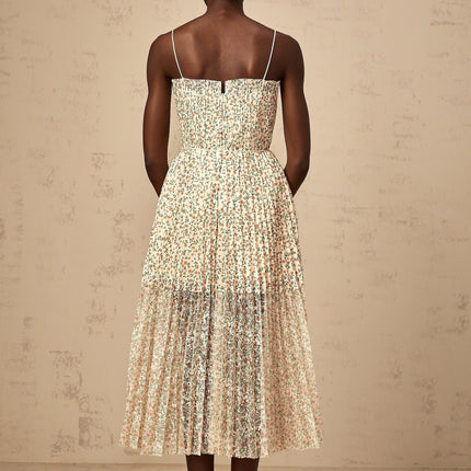 Allison White Floral Midi Dress square neck pleated detailing spaghetti straps midi length all-over floral print rear zip fastening Terylene fiber modern femininity heels sandals versatile timeless wardrobe